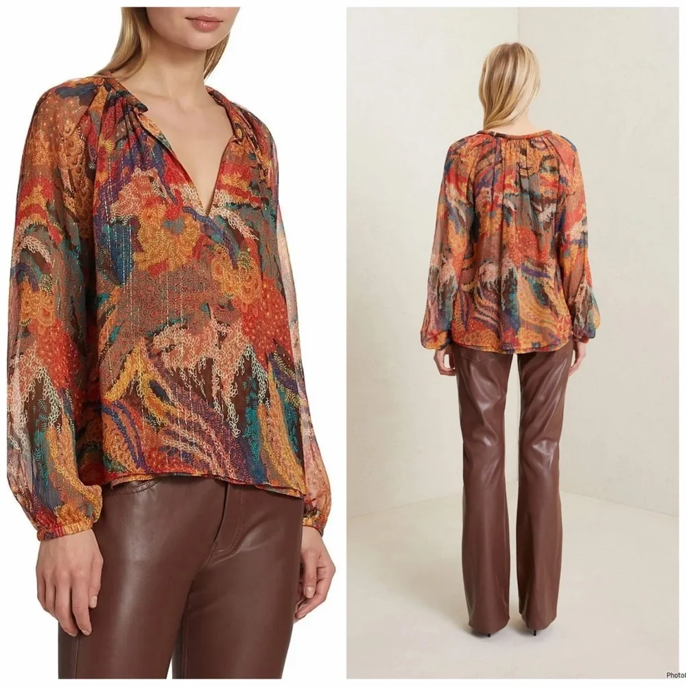 A.L.C. Top Women’s Multicolor Print Blouse Long Sleeve V-Neck $395 Size 6 - Picture 2 of 9